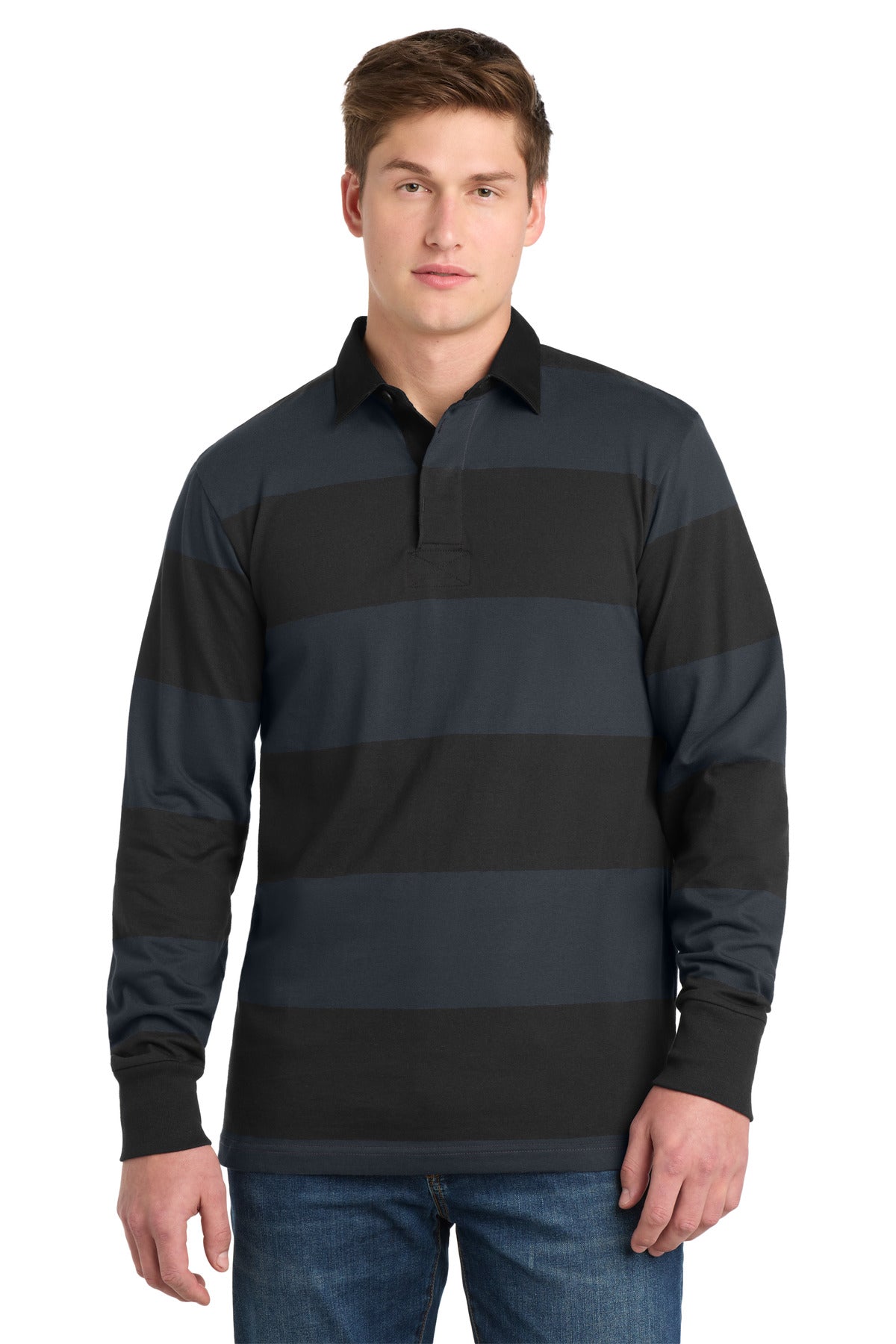 Sport-Tek Classic Long Sleeve Rugby Polo ST301 Black/ Graphite