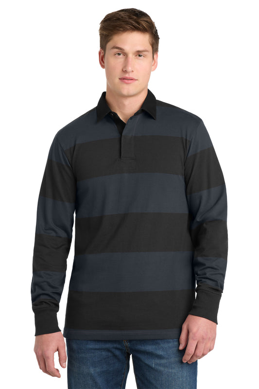 Sport-Tek Classic Long Sleeve Rugby Polo ST301 Black/ Graphite