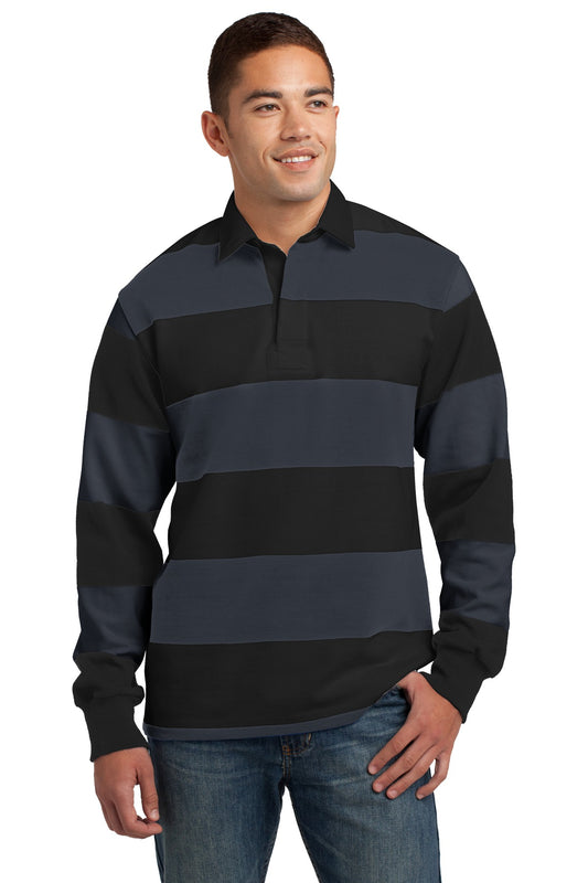 Sport-Tek Classic Long Sleeve Rugby Polo. ST301 Black/ Graphite