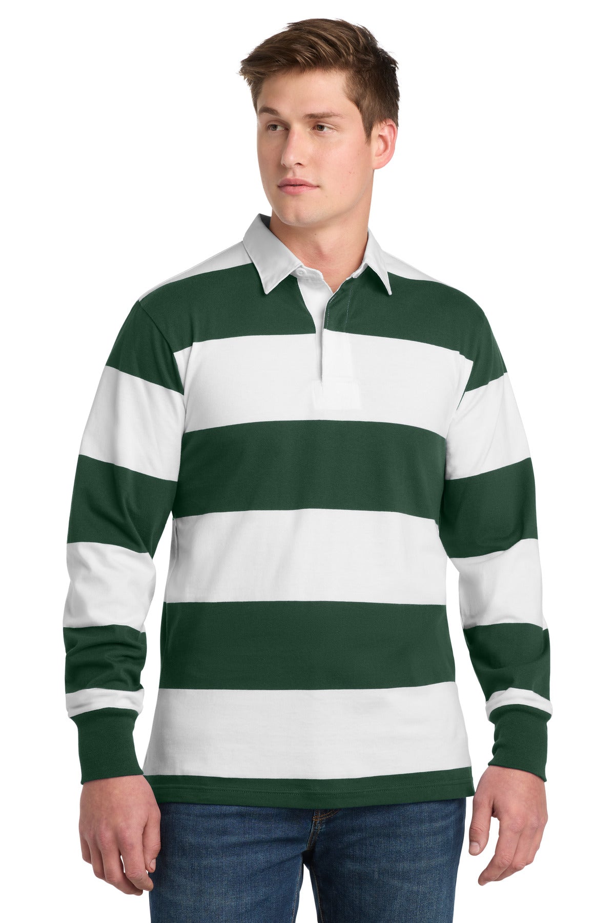 Sport-Tek Classic Long Sleeve Rugby Polo ST301 Forest Green/ White