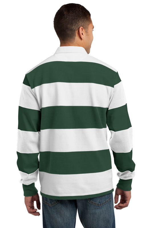 Sport-Tek Classic Long Sleeve Rugby Polo. ST301 Forest Green/ White