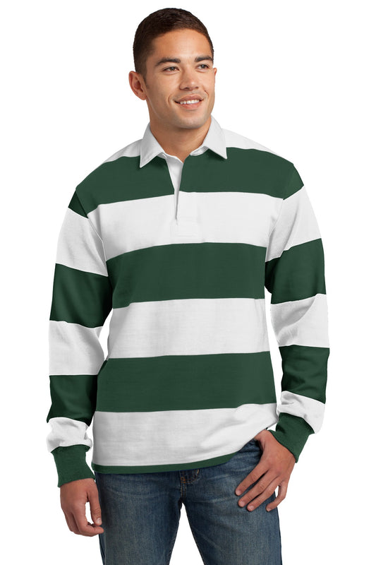 Sport-Tek Classic Long Sleeve Rugby Polo. ST301 Forest Green/ White