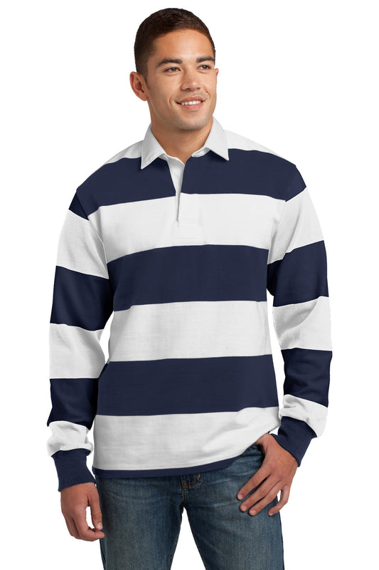 Sport-Tek Classic Long Sleeve Rugby Polo. ST301 True Navy/ White