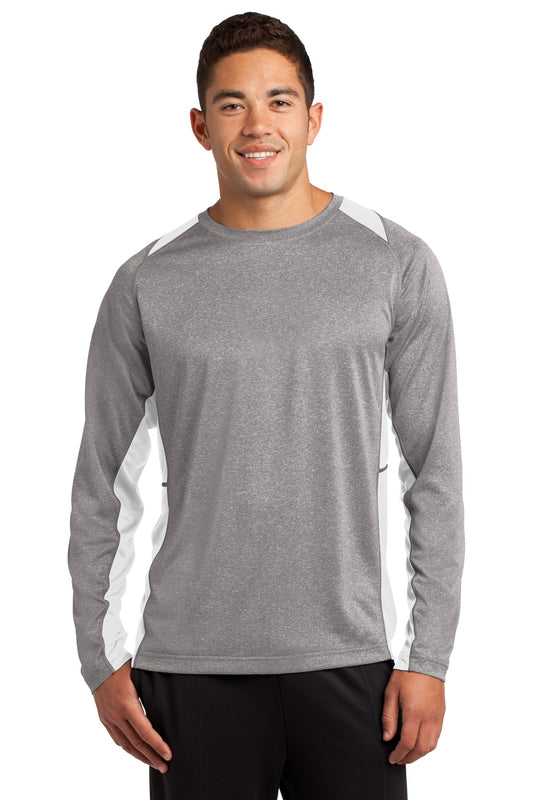 Sport-Tek Long Sleeve Heather Colorblock Contender Tee. ST361LS Vintage Heather/ White