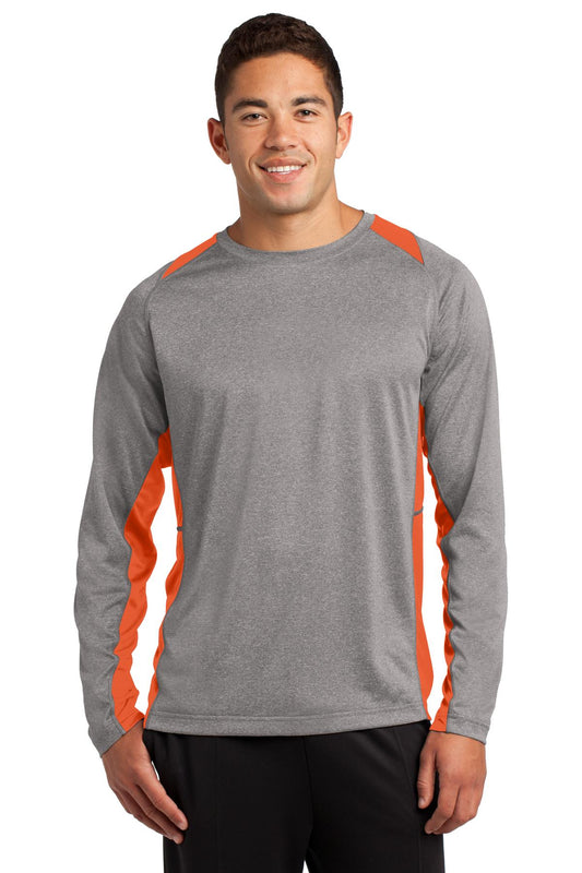 Sport-Tek Long Sleeve Heather Colorblock Contender Tee. ST361LS Vintage Heather/ Deep Orange