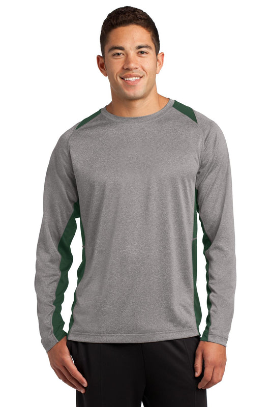 Sport-Tek Long Sleeve Heather Colorblock Contender Tee. ST361LS Vintage Heather/ Forest Green