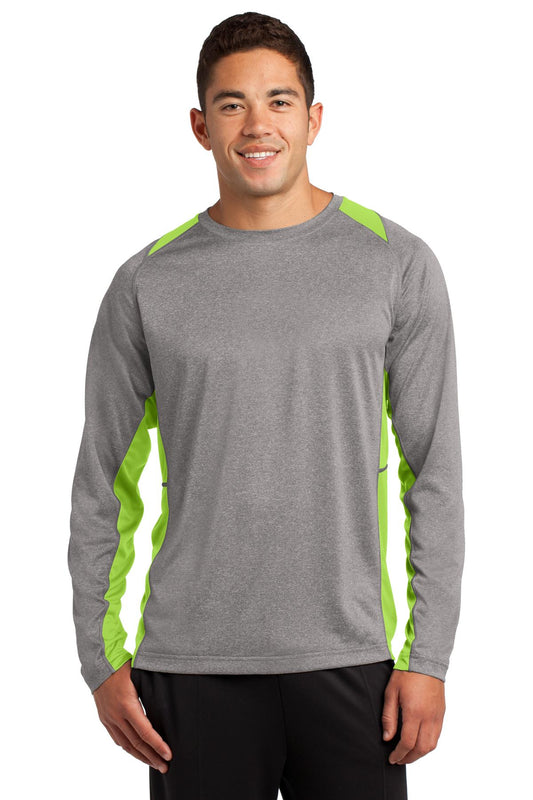 Sport-Tek Long Sleeve Heather Colorblock Contender Tee. ST361LS Vintage Heather/ Lime Shock