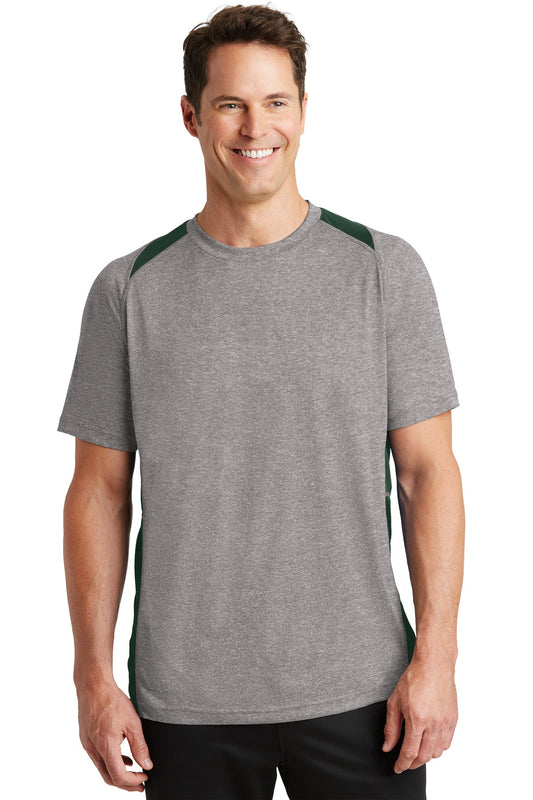 Sport-Tek Heather Colorblock Contender Tee. ST361 Vintage Heather/ Forest Green