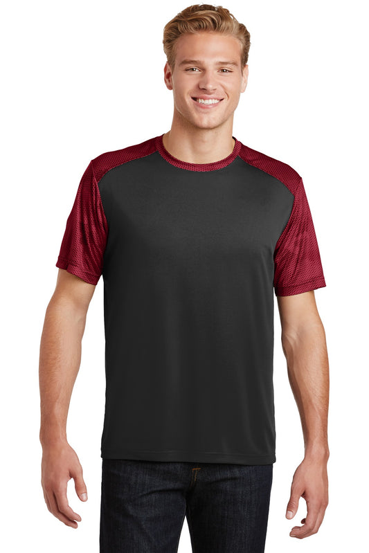 Sport-Tek CamoHex Colorblock Tee. ST371 Black/ Deep Red