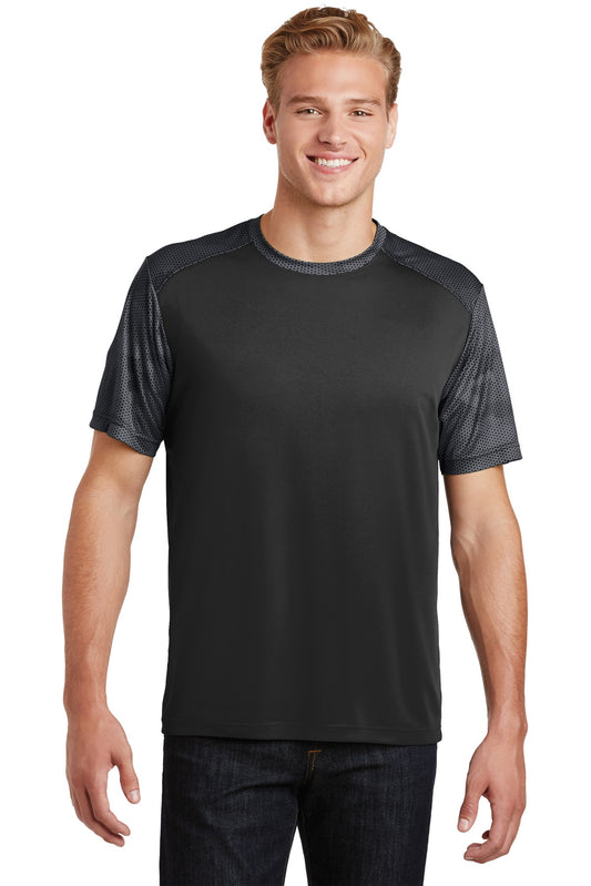 Sport-Tek CamoHex Colorblock Tee. ST371 Black/ Iron Grey