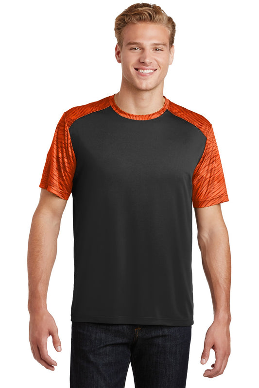 Sport-Tek CamoHex Colorblock Tee. ST371 Black/ Neon Orange