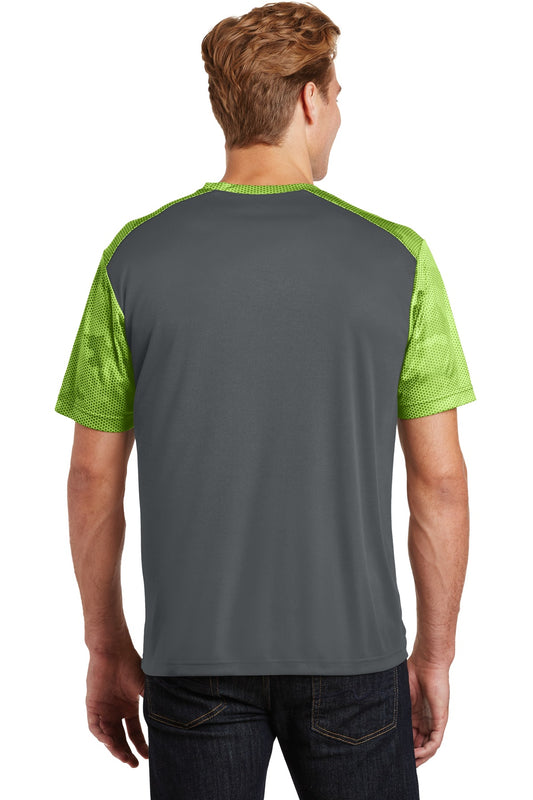 Sport-Tek CamoHex Colorblock Tee. ST371 Iron Grey/ Lime Shock