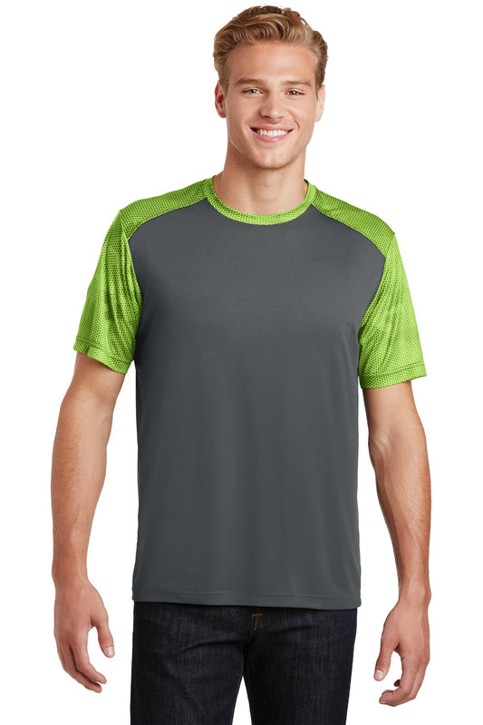 Sport-Tek CamoHex Colorblock Tee. ST371 Iron Grey/ Lime Shock
