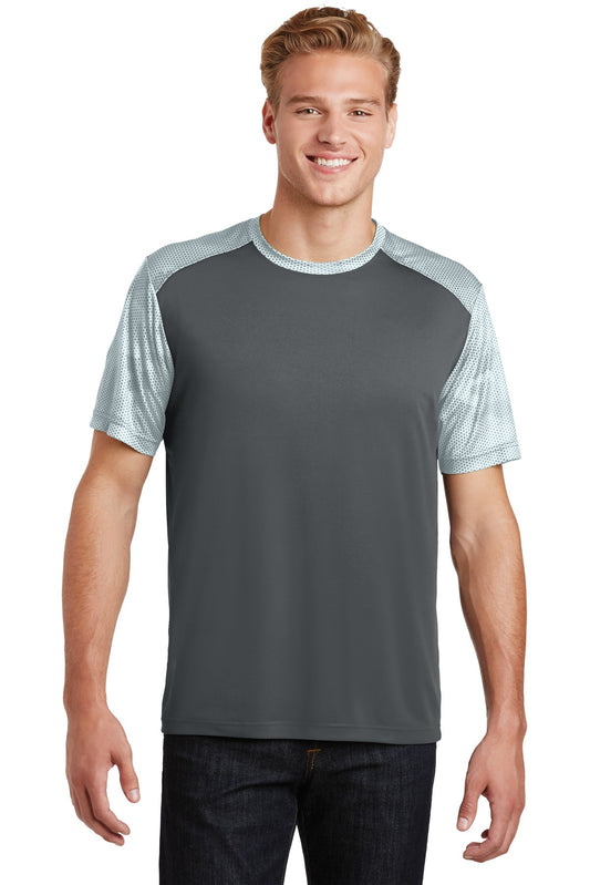 Sport-Tek CamoHex Colorblock Tee. ST371 Iron Grey/ White