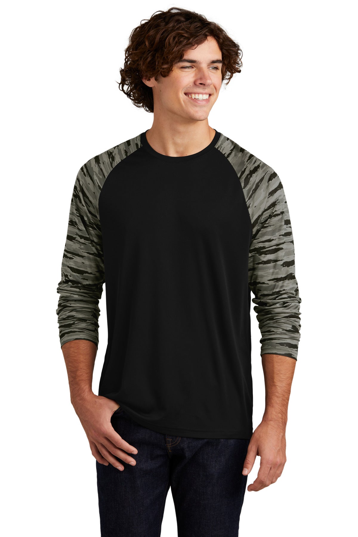 Sport-Tek Drift Camo Colorblock Long Sleeve Tee ST376LS Black