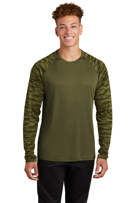 Sport-Tek Drift Camo Colorblock Long Sleeve Tee ST376LS Olive Drab Green