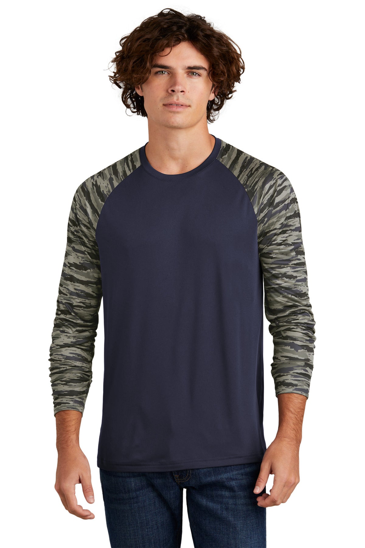 Sport-Tek Drift Camo Colorblock Long Sleeve Tee ST376LS True Navy