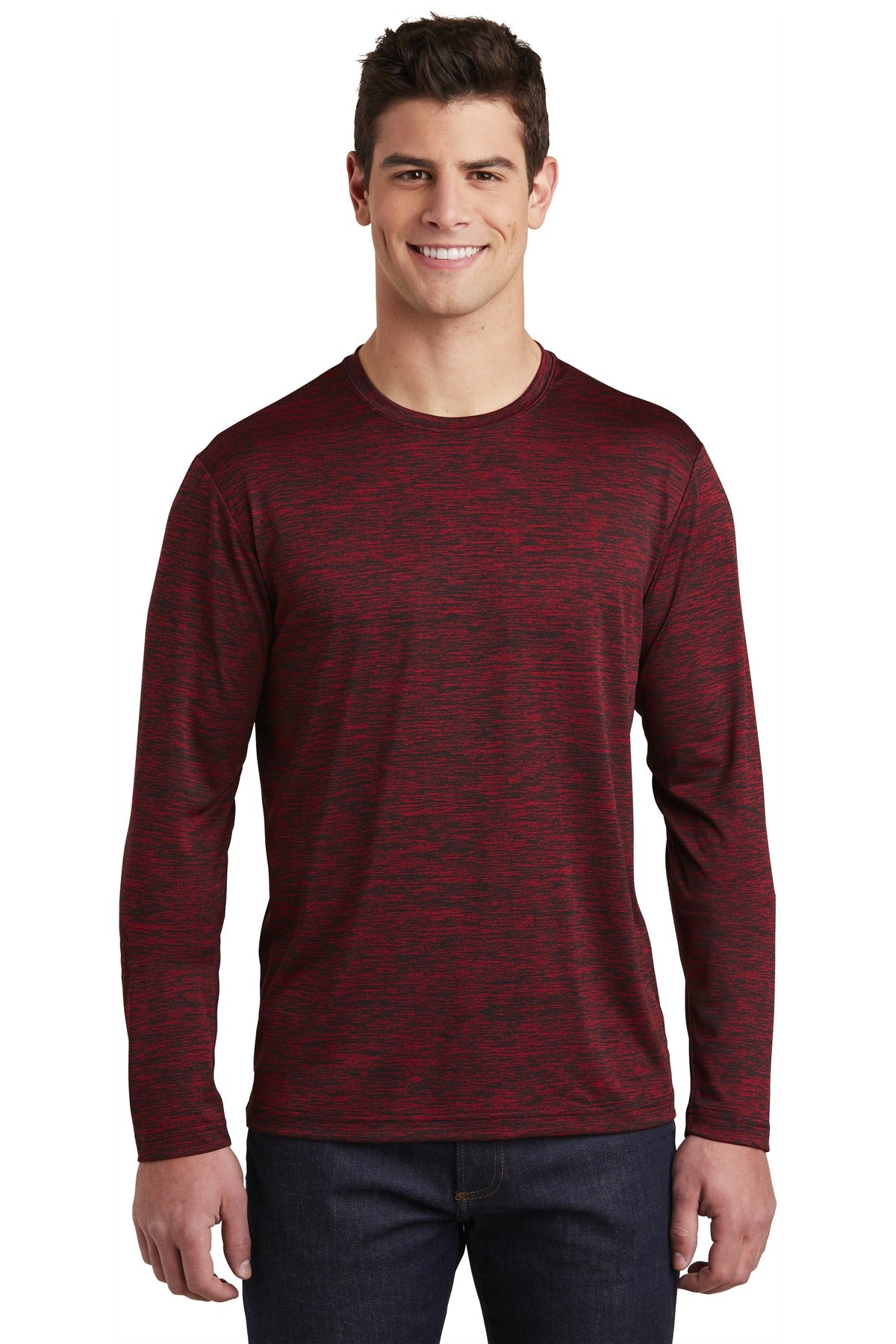 Sport-Tek  PosiCharge  Long Sleeve Electric Heather Tee. ST390LS Deep Red-Black Electric