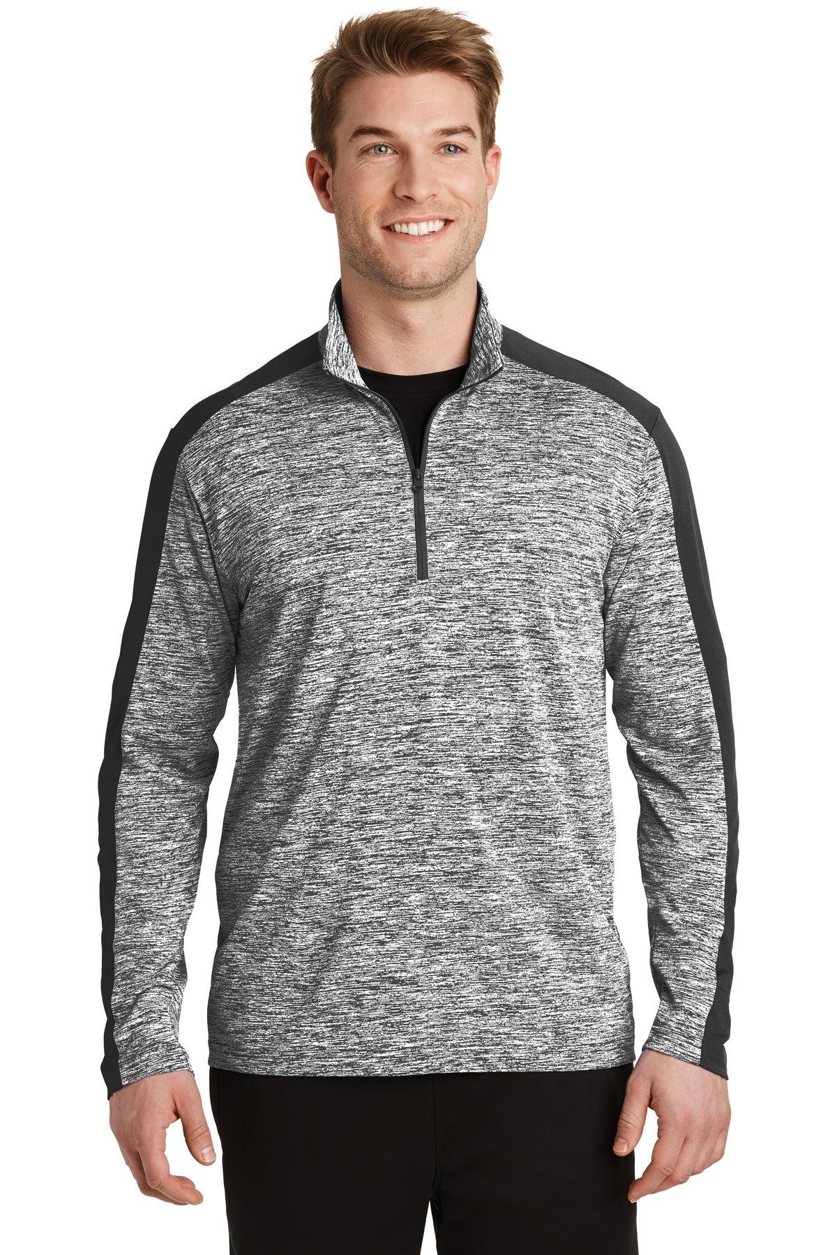 Sport-Tek PosiCharge Electric Heather Colorblock 1/4-Zip Pullover. ST397 Black Electric/ Black