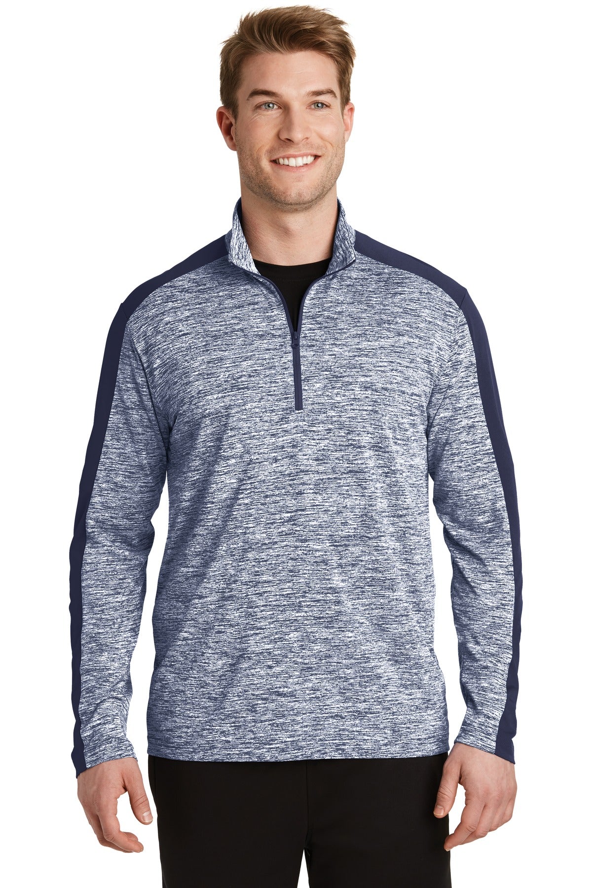 Sport-Tek PosiCharge Electric Heather Colorblock 1/4-Zip Pullover. ST397 True Navy Electric/ True Navy