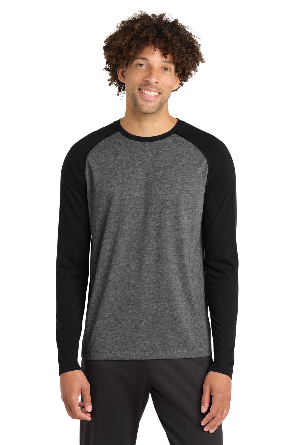 Sport-Tek PosiCharge Long Sleeve Tri-Blend Wicking Raglan Tee ST400LS Black Triad Solid/ Dark Grey Heather
