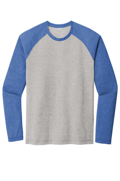 Sport-Tek  PosiCharge  Long Sleeve Tri-Blend Wicking Raglan Tee ST400LS True Royal Heather/ Light Grey Heather
