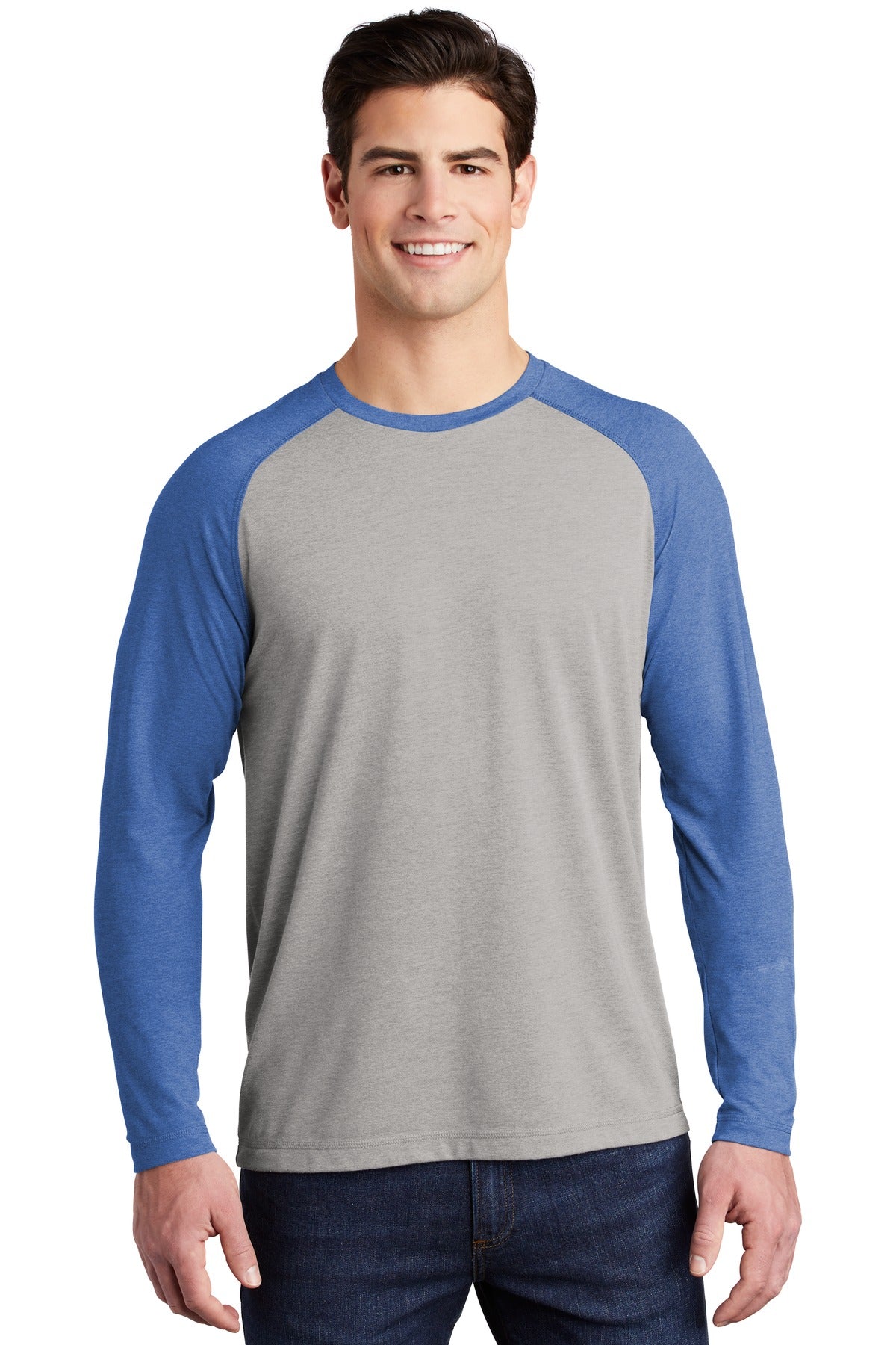 Sport-Tek  PosiCharge  Long Sleeve Tri-Blend Wicking Raglan Tee ST400LS True Royal Heather/ Light Grey Heather