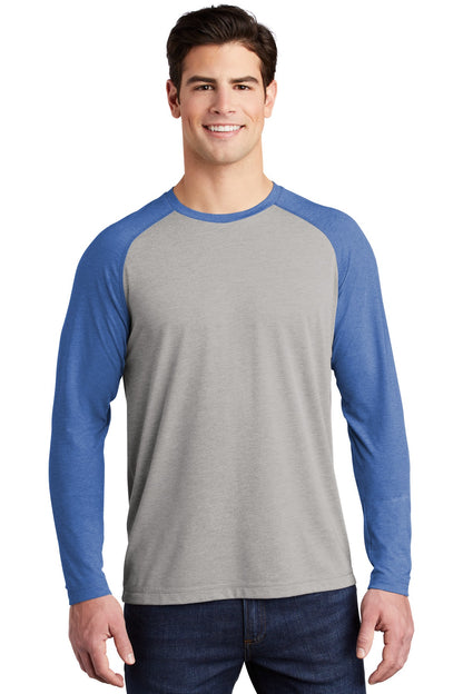 Sport-Tek  PosiCharge  Long Sleeve Tri-Blend Wicking Raglan Tee ST400LS True Royal Heather/ Light Grey Heather