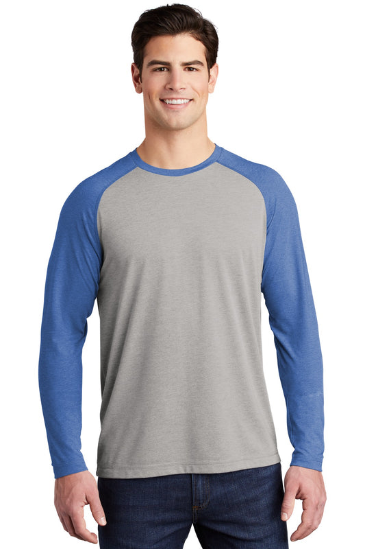 Sport-Tek  PosiCharge  Long Sleeve Tri-Blend Wicking Raglan Tee ST400LS True Royal Heather/ Light Grey Heather