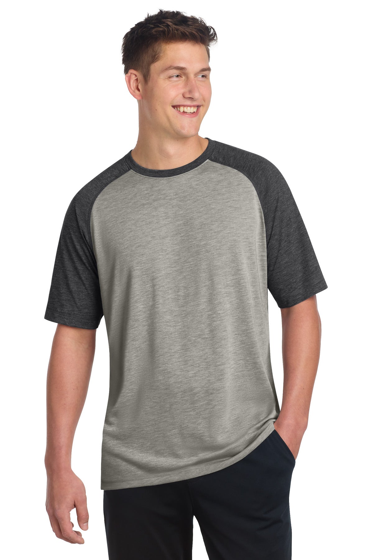 Sport-Tek PosiCharge Tri-Blend Wicking Raglan Tee ST400 Dark Grey Heather/ Light Grey Heather