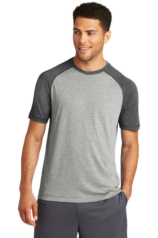 Sport-Tek  PosiCharge  Tri-Blend Wicking Raglan Tee. ST400 Dark Grey Heather/ Light Grey Heather