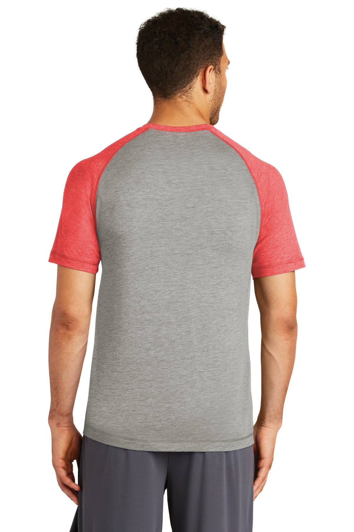 Sport-Tek  PosiCharge  Tri-Blend Wicking Raglan Tee. ST400 True Royal Heather/ Light Grey Heather