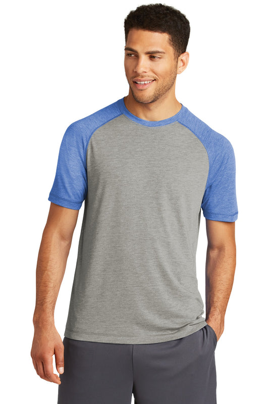 Sport-Tek  PosiCharge  Tri-Blend Wicking Raglan Tee. ST400 True Royal Heather/ Light Grey Heather