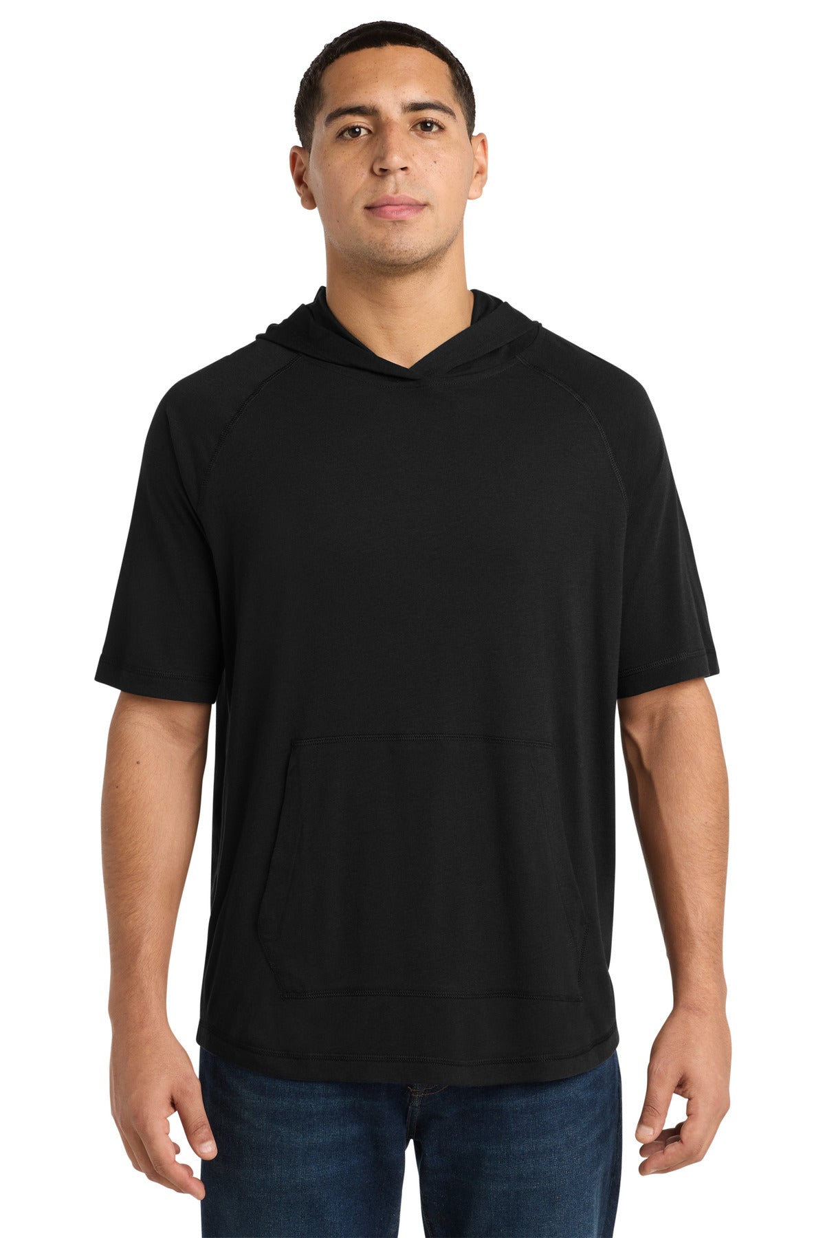 Sport-Tek PosiCharge Tri-Blend Wicking Short Sleeve Hoodie ST404 Black Triad Solid