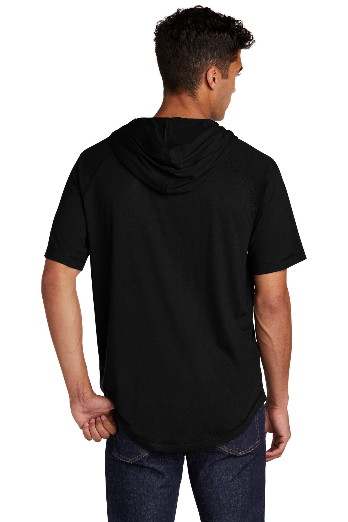 Sport-Tek  PosiCharge  Tri-Blend Wicking Short Sleeve Hoodie. ST404 Black Triad Solid