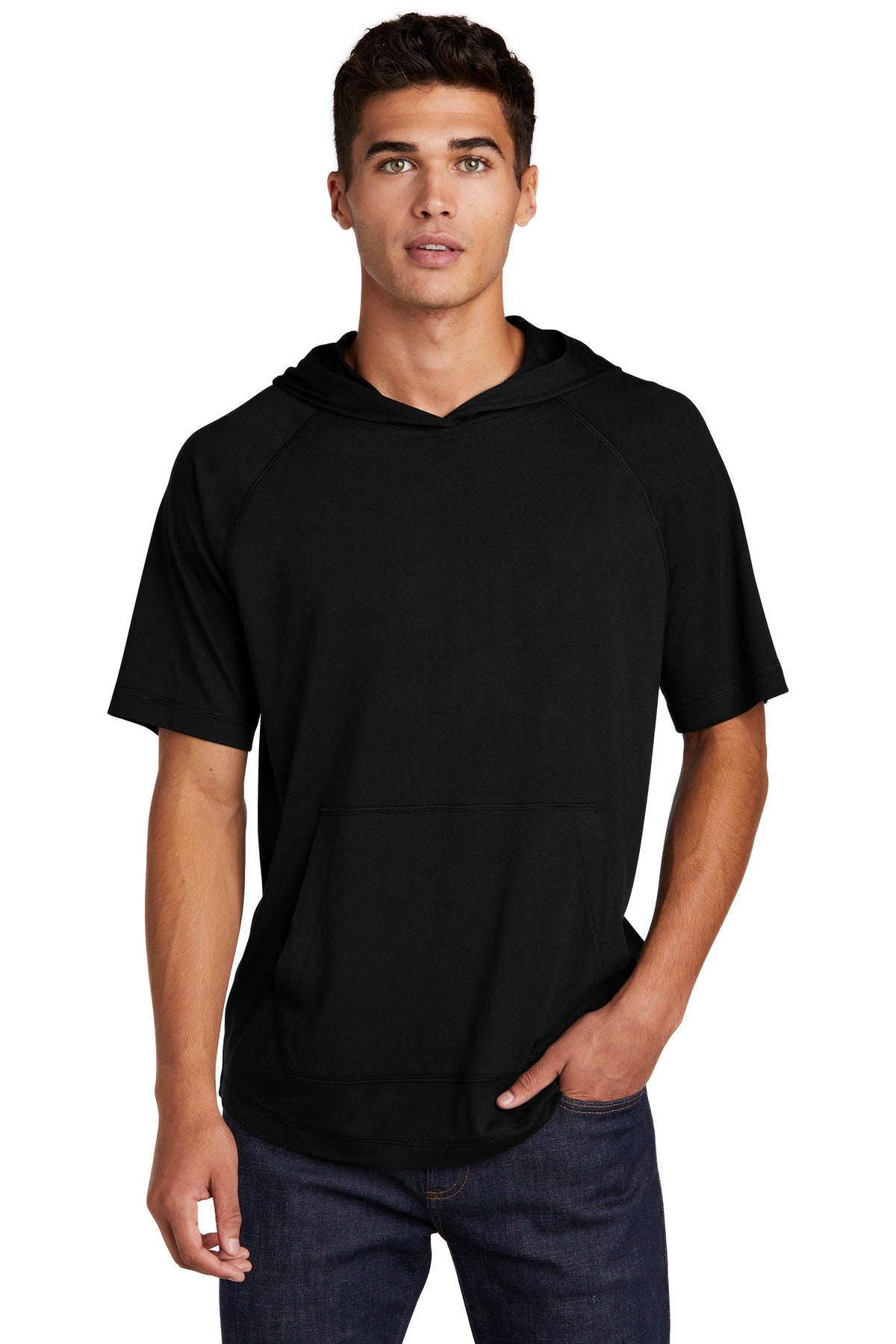 Sport-Tek  PosiCharge  Tri-Blend Wicking Short Sleeve Hoodie. ST404 Black Triad Solid
