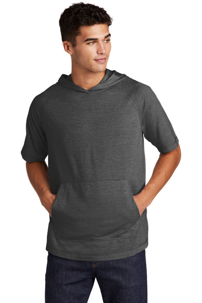 Sport-Tek  PosiCharge  Tri-Blend Wicking Short Sleeve Hoodie. ST404 Dark Grey Heather