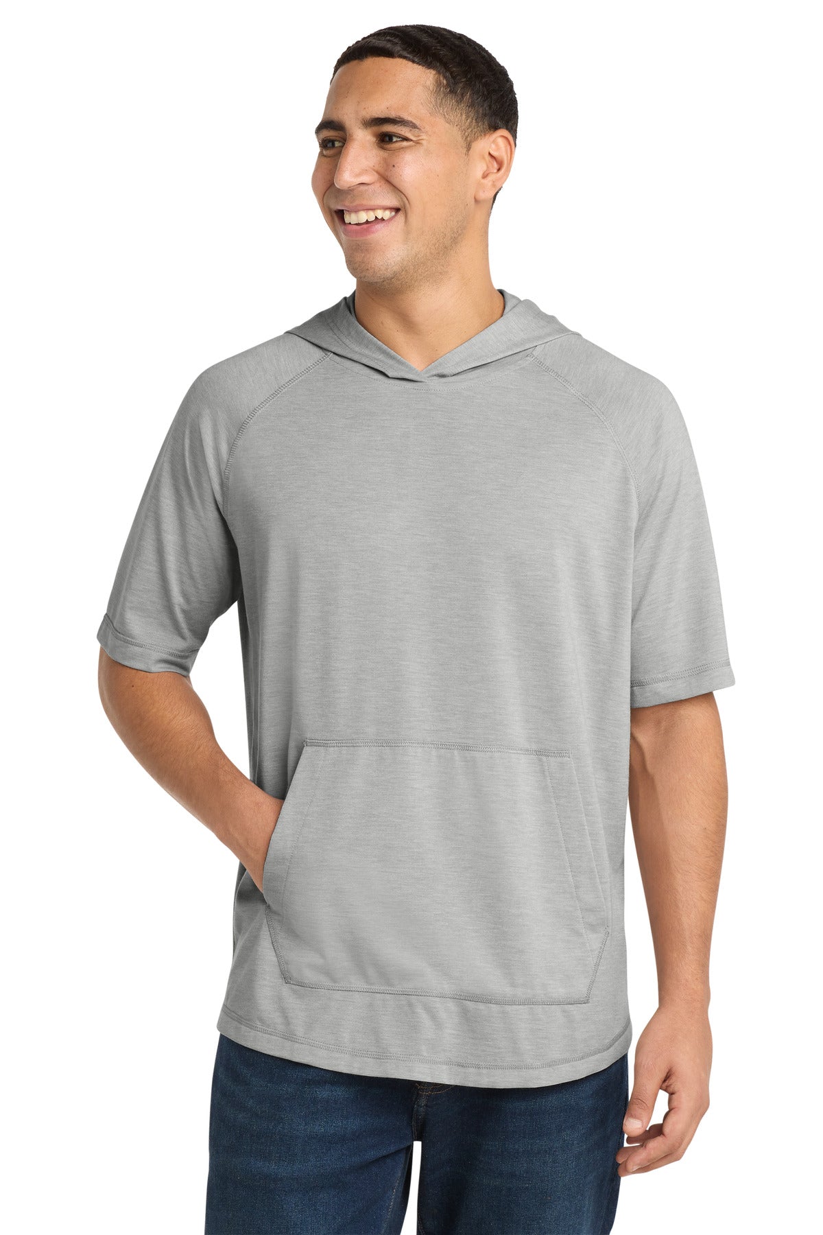 Sport-Tek PosiCharge Tri-Blend Wicking Short Sleeve Hoodie ST404 Light Grey Heather