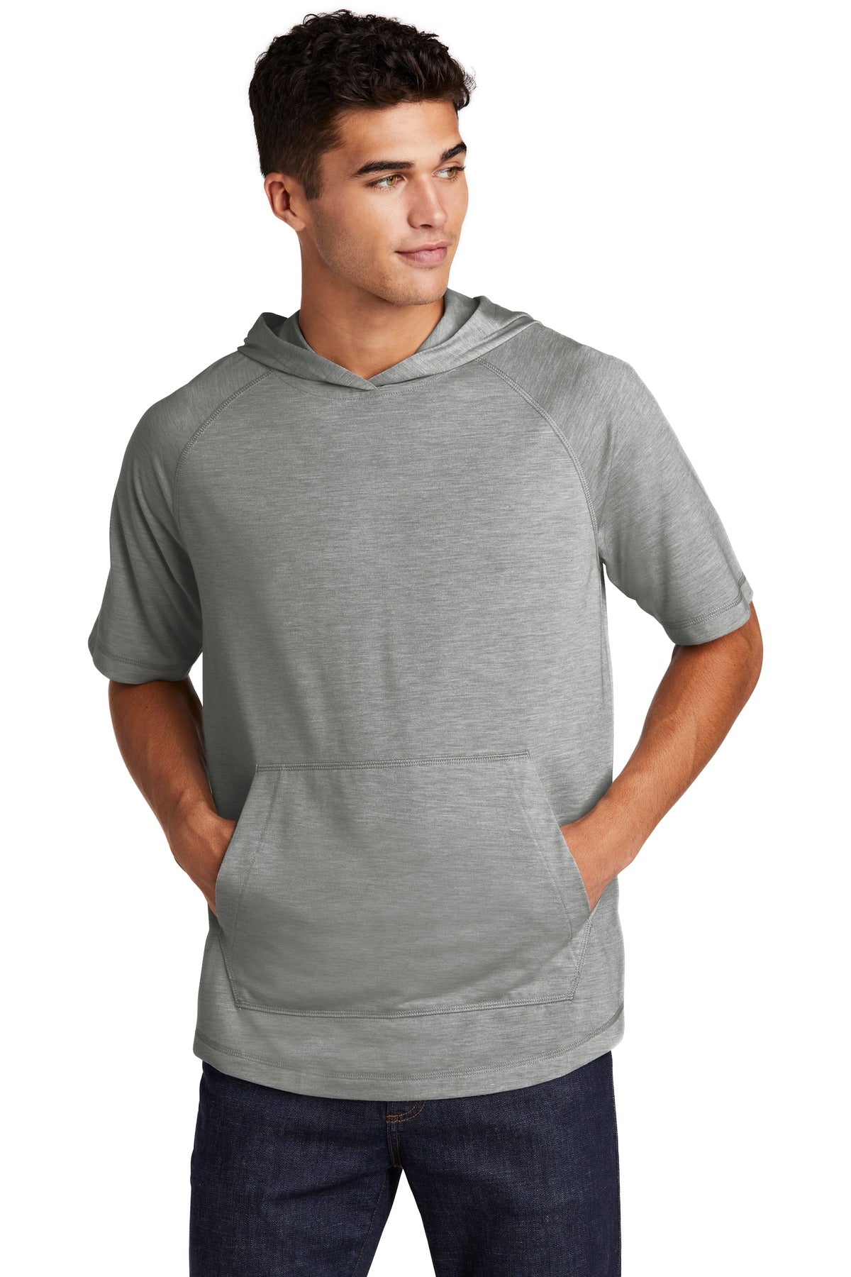 Sport-Tek  PosiCharge  Tri-Blend Wicking Short Sleeve Hoodie. ST404 Light Grey Heather