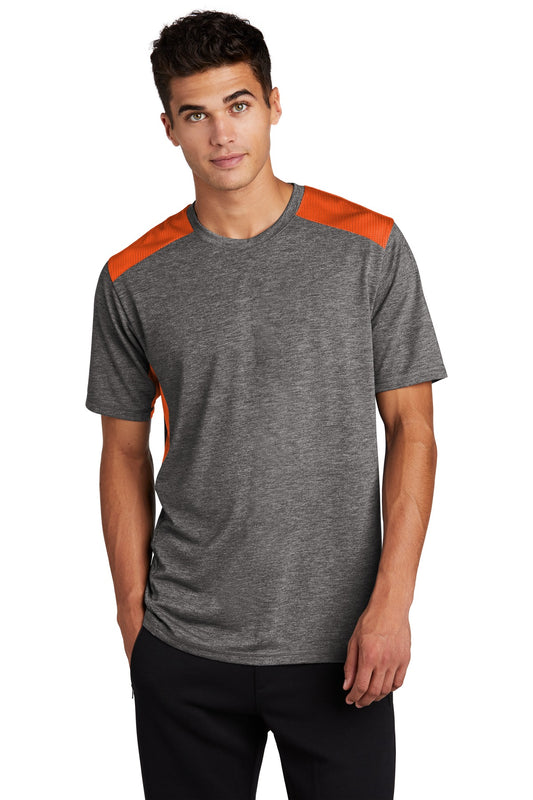 Sport-Tek  PosiCharge  Tri-Blend Wicking Draft Tee. ST410 Deep Orange/ Dark Grey Heather