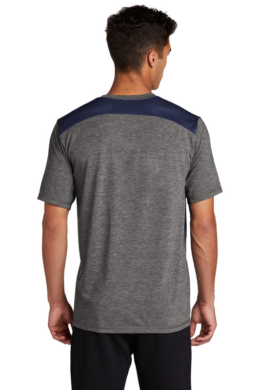 Sport-Tek  PosiCharge  Tri-Blend Wicking Draft Tee. ST410 True Navy/ Dark Grey Heather