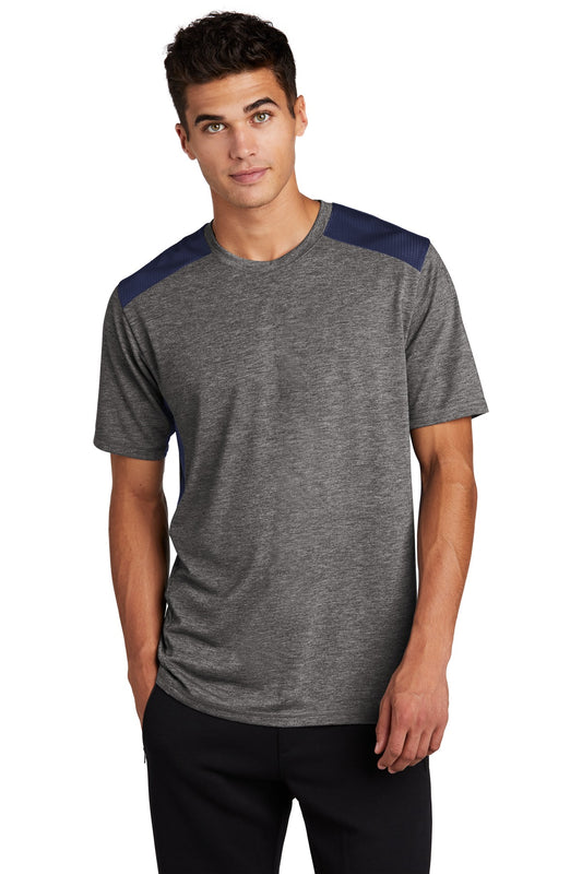 Sport-Tek  PosiCharge  Tri-Blend Wicking Draft Tee. ST410 True Navy/ Dark Grey Heather