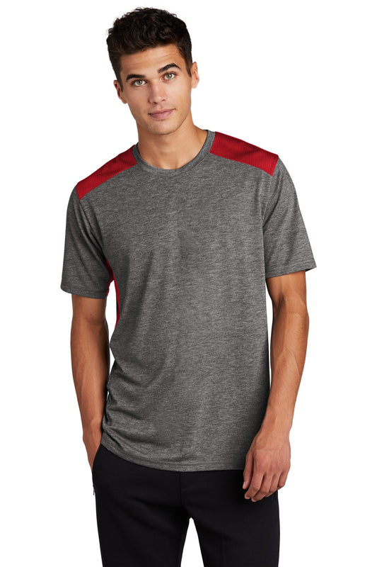 Sport-Tek  PosiCharge  Tri-Blend Wicking Draft Tee. ST410 True Red/ Dark Grey Heather