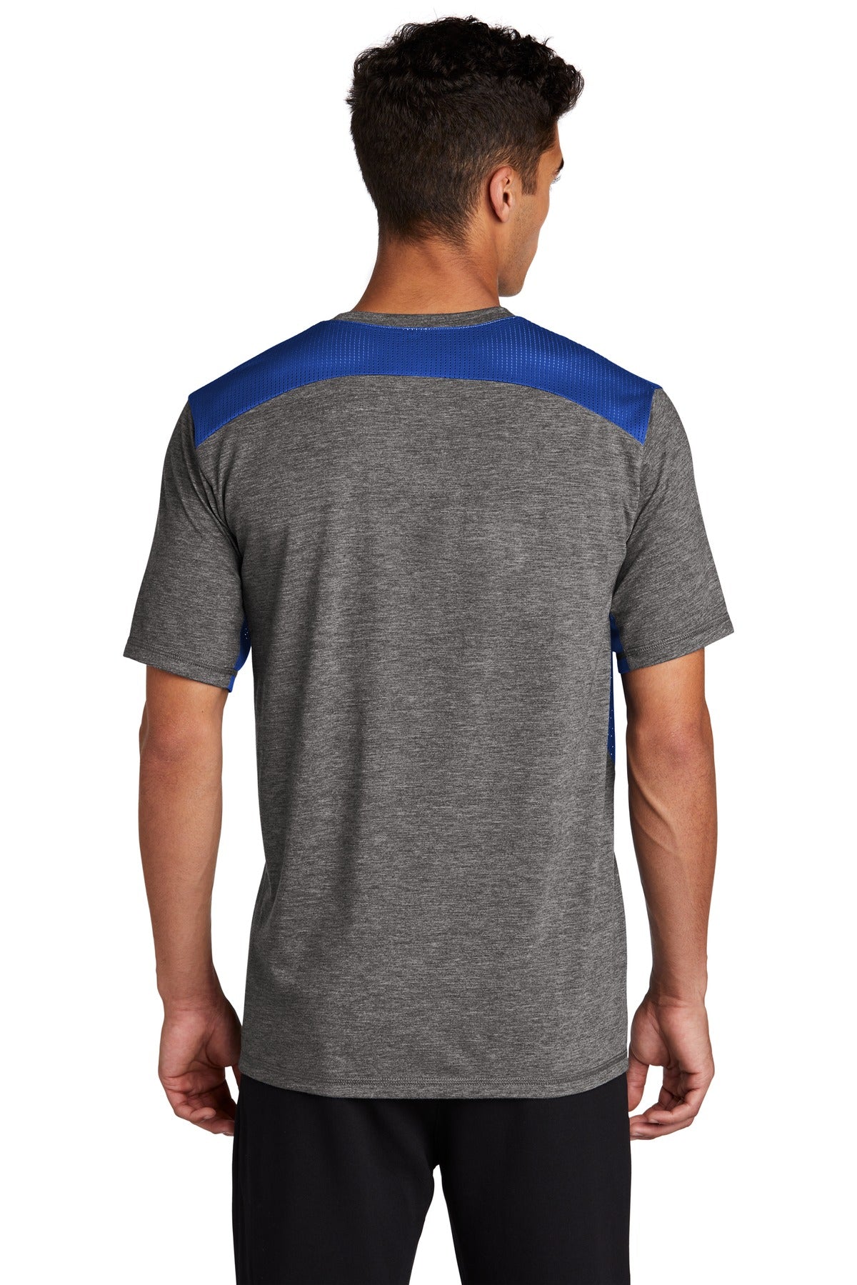Sport-Tek  PosiCharge  Tri-Blend Wicking Draft Tee. ST410 True Royal/ Dark Grey Heather