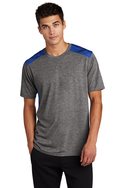 Sport-Tek  PosiCharge  Tri-Blend Wicking Draft Tee. ST410 True Royal/ Dark Grey Heather
