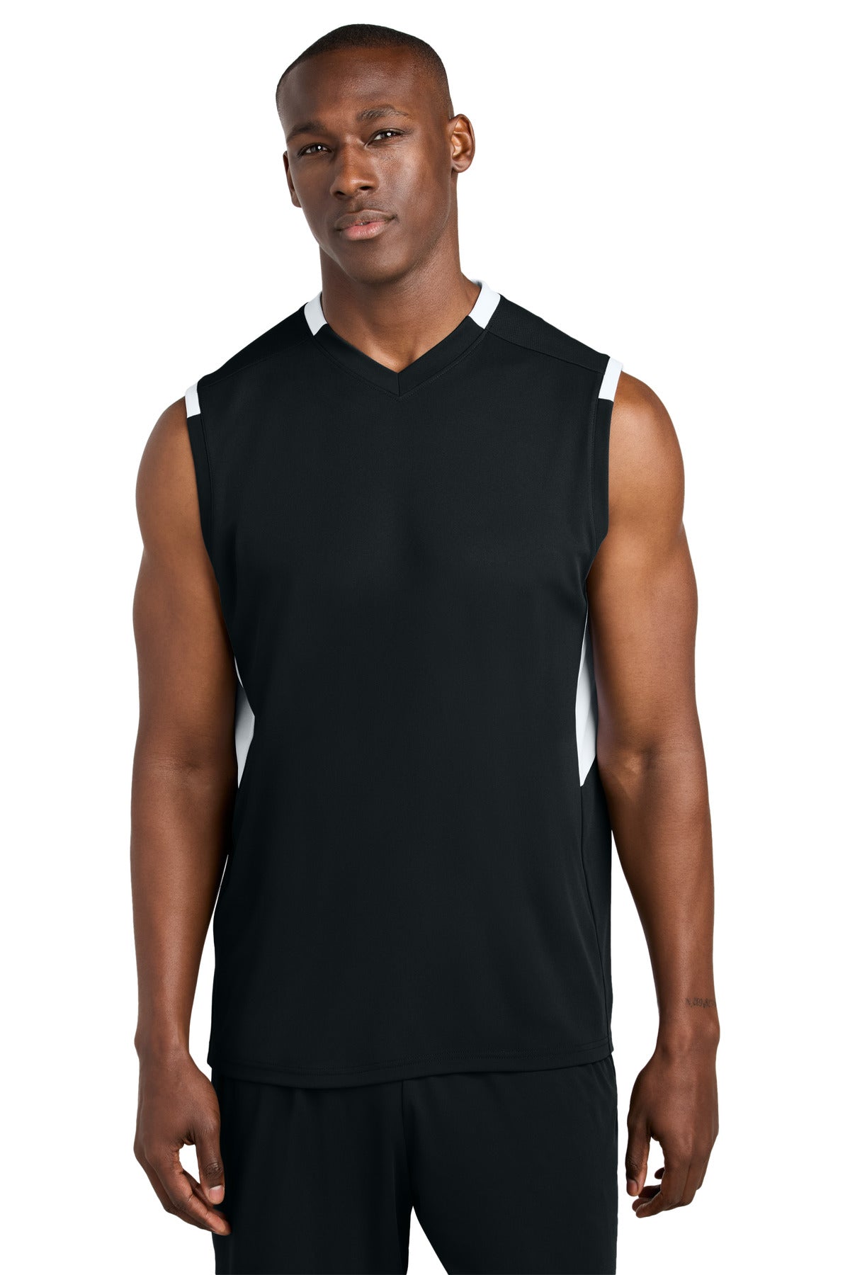 Sport-Tek Club Sleeveless V-Neck ST441 Black/ White