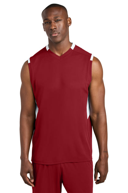 Sport-Tek Club Sleeveless V-Neck ST441 Deep Red/ White
