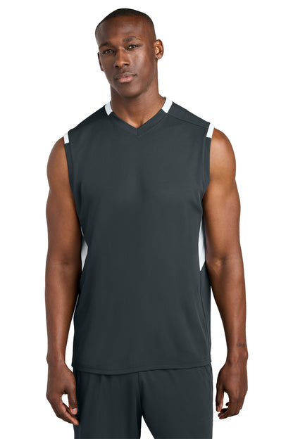 Sport-Tek Club Sleeveless V-Neck ST441 Iron Grey/ White