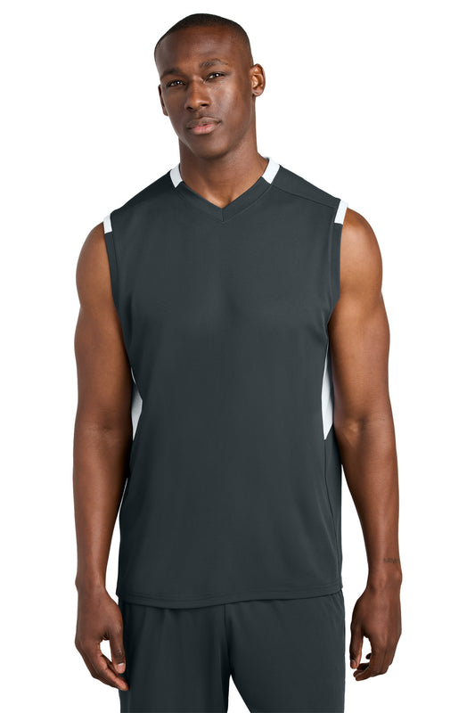 Sport-Tek Club Sleeveless V-Neck ST441 Iron Grey/ White