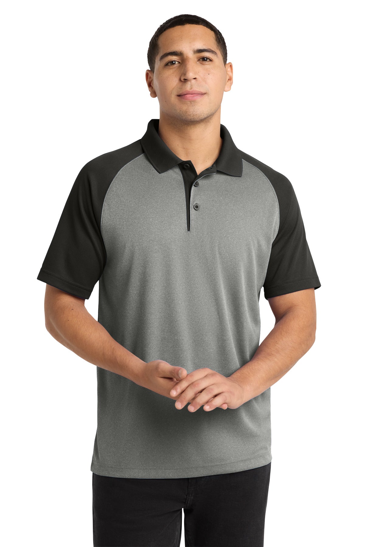 Sport-Tek PosiCharge RacerMesh Raglan Heather Block Polo ST641 Grey Heather/ Black